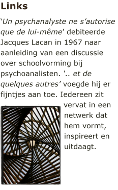 Links ‘Un psychanalyste ne s’autorise que de lui-même’ debiteerde Jacques Lacan in 1967 naar aanleiding van een discussie over schoolvorming bij psychoanalisten. ‘.. et de quelques autres’ voegde hij er fijntjes aan toe. Iedereen zit vervat in een netwerk dat hem vormt, inspireert en uitdaagt.